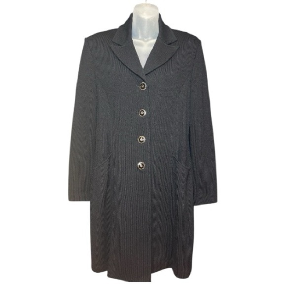 St. John Knit Long Overcoat Jacket Women’s Size 10 Black Ornate Buttons